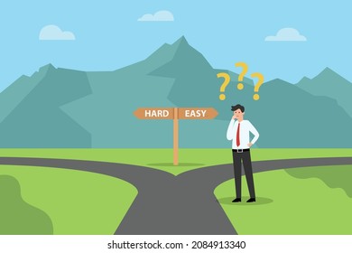 Business choice vector concept. Businessman looks confused while standing between hard or easy directions on the road