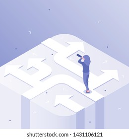 Business choices. Woman career decision, choosing different ways and crossroads of opportunity. Businessman marketing direction, business path choice problem isometric vector concept illustration