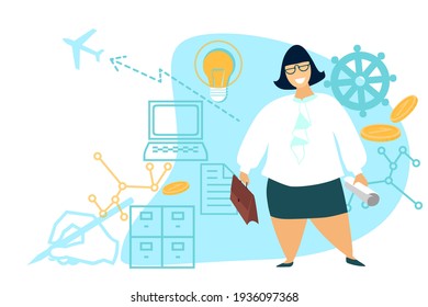 Business chubby European woman working at home, office. Hand drawn sketch. Vector.