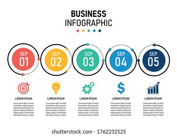 Business circle infographic data visualization with 5 step. business template for presentation. can be used for workflow layout, diagram. vector illustration in flat design. on white background.