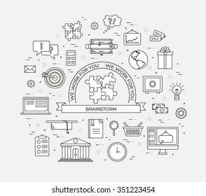 Business circle infographics thin lines template concept. Icons for your product or web and mobile applications. Vector flat with long shadow set on blue background
