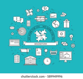 Business circle infographics thin lines template concept. Icons for your product or design, web and mobile applications. Vector flat with long shadow set on blue background
