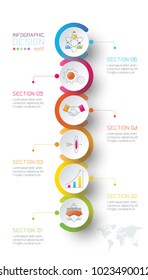 Business circle labels shape infographic around the world map.