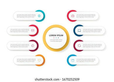 Business circle template with 8 options for brochure, diagram, workflow, timeline, web design. Presentation infographics element