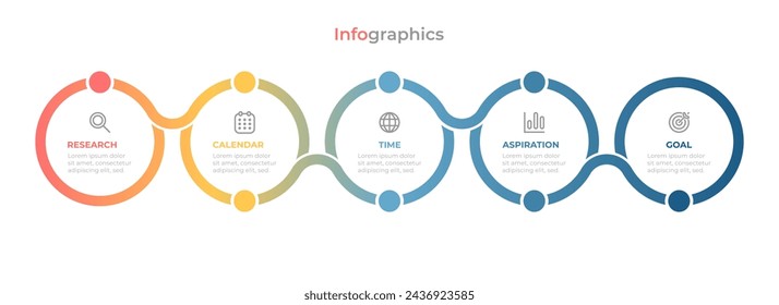 Business circles process. Timeline infographics with 5 steps, options, squares. Vector template.