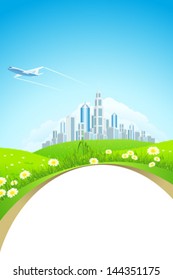 Business City with Aircraft and Green Landscape