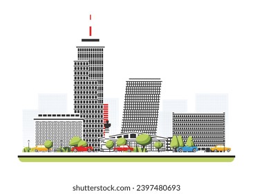 Business city district with skyscraper in flat style with trees. Vector illustration. City scene isolated on white background. Urban architecture. Modern european architecture. Downtown street.