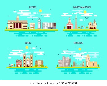 Business city in England. Detailed architecture of Leeds, Northampton, York, Bristol. Trendy vector illustration, flat art style. Blue background
