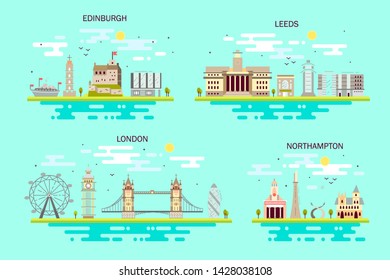 Business city in England. Detailed architecture of London, Leeds, Edinburgh, Northampton. Trendy vector illustration, flat art style. Blue background
