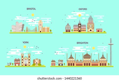 Business city in England. Detailed architecture of Bristol, Oxford, York, Brighton. Trendy illustration, flat art style.
