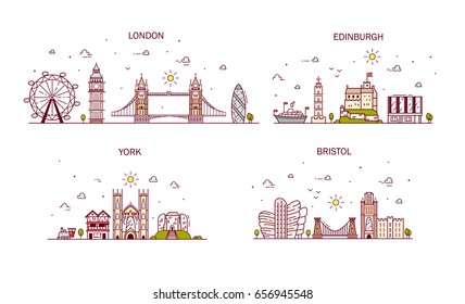 Business city in England. Detailed architecture of London, Edinburgh, York, Bristol. Trendy vector illustration, line art style