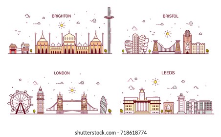 Business City In England. Detailed Architecture Of London, Leeds, Brighton, Bristol. Trendy Vector Illustration, Line Art Style