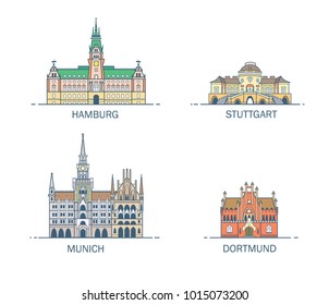 Business city in Germany. Detailed architecture of Hamburg, Stuttgart, Dortmund, Munich. Trendy vector illustration, line art style.