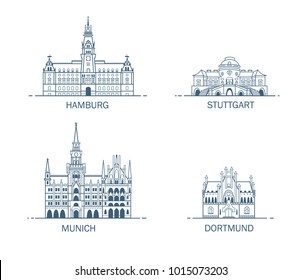 Business city in Germany. Detailed architecture of Hamburg, Stuttgart, Dortmund, Munich. Trendy vector illustration, line art style.