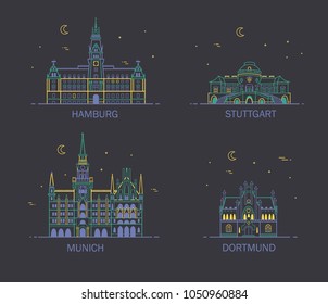 Business city in Germany. Detailed architecture of Hamburg, Stuttgart, Dortmund, Munich. Trendy vector illustration, line art style.
