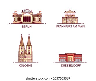 Business city in Germany. Detailed architecture of Berlin, Frankfurt am Main, Cologne, Dusseldorf. Trendy vector illustration, line art style.