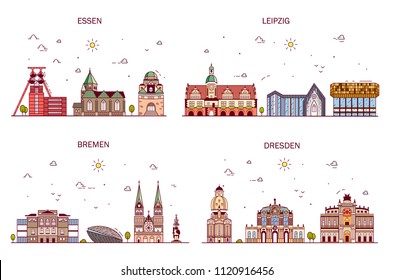 Business city in Germany. Detailed architecture of Essen, Leipzig, Bremen, Dresden. Trendy vector illustration, line art style.