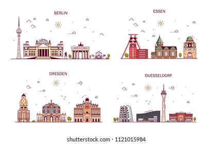 Business city in Germany. Detailed architecture of Berlin, Essen, Dresden, Dusseldorf. Trendy vector illustration, line art style.