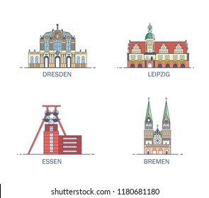 Business city in Germany. Detailed architecture of Essen, Leipzig, Bremen, Dresden. Trendy vector illustration, line art style.