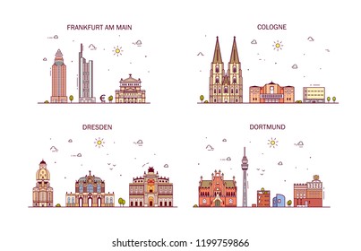 Business city in Germany. Detailed architecture of Frankfurt am Main, Cologne, Dortmund, Dresden, Hamburg. Trendy vector illustration, line art style.
