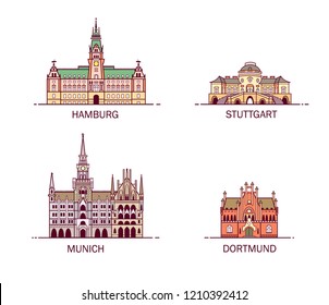 Business city in Germany. Detailed architecture of Hamburg, Stuttgart, Dortmund, Munich. Trendy vector illustration, line art style.