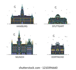 Business city in Germany. Detailed architecture of Hamburg, Stuttgart, Dortmund, Munich. Trendy vector illustration, line art style. 