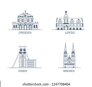 Business city in Germany. Detailed architecture of Essen, Leipzig, Bremen, Dresden. Trendy vector illustration, line art style.