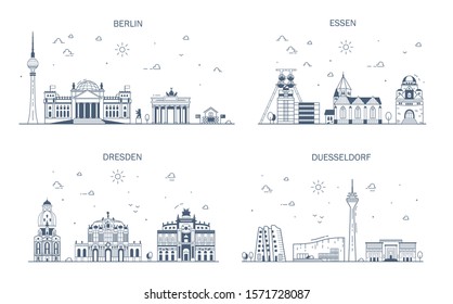 Business city in Germany. Detailed architecture of Berlin, Essen, Dresden, Dusseldorf. Trendy vector illustration, line art style.