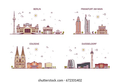 Business city in Germany. Detailed architecture of Berlin, Frankfurt am Main, Cologne, Dusseldorf. Trendy vector illustration, line art style.