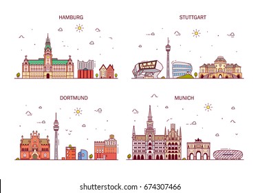 Business city in Germany. Detailed architecture of Hamburg, Stuttgart, Dortmund, Munich. Trendy vector illustration, line art style.