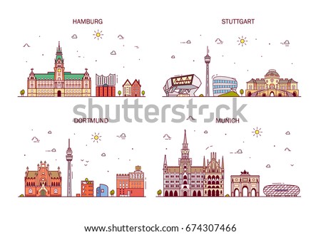 Business city in Germany. Detailed architecture of Hamburg, Stuttgart, Dortmund, Munich. Trendy vector illustration, line art style.