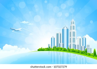 Business City Island with Aircraft on Green Background