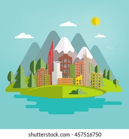 Business City landscape on the background. The isolated nature landscape with mountains, hills, river and trees. Summer landscape. Flat style vector illustration.