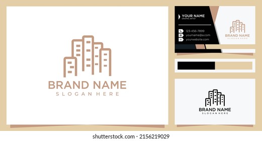 Business city logo - skyscrapers and hand symbol. Real estate and building vector icon.