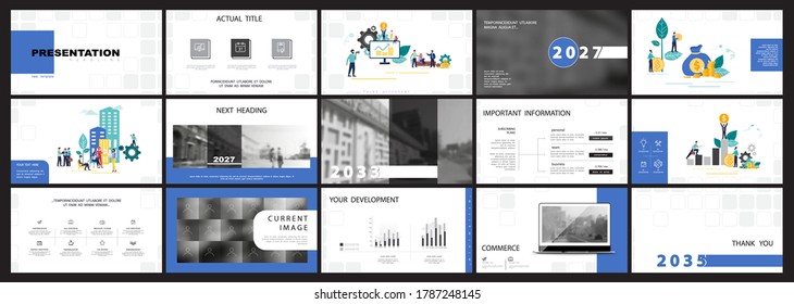 Business city. Business presentation, infographic blue elements design template, background. Buildings, people buying real estate. Teamwork of people in the city businessman. Use in flyers, marketing