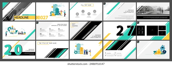 Business city. Business presentation, infographic green elements design template, background. Buildings, people buying real estate. Teamwork of people in the city businessman. Use in flyers, marketing