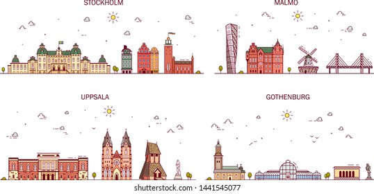 Business City In Sweden. Detailed Architecture Of Stockholm, Malmo, Gothenburg, Uppsala. Trendy Illustration, Line Art Style.