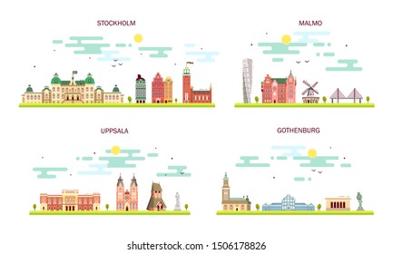 Business city in Sweden. Detailed architecture of Stockholm, Malmo, Gothenburg, Uppsala. Trendy illustration, line art flat style.