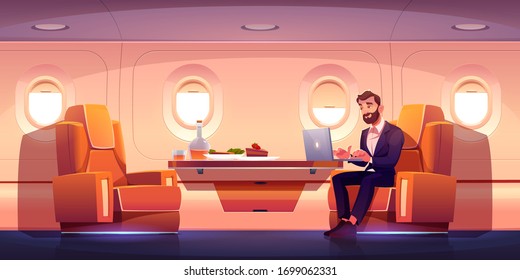 Business class in airplane. Luxury interior of private jet. Vector cartoon illustration with businessman working on notebook, orange comfortable seats and food and drink on table