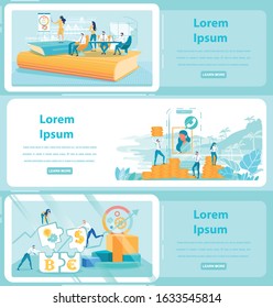 Business Class with Books Instead Floor, as Symbol Solid Scientific Base. Online Sales Training with Coach. Well Co-Ordinated Teamwork. Three Horizontal Banners Set with Copy Space for Extra Text.