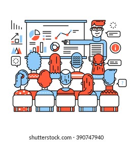 Business Class, Corporate Training Or Seminar. Young Teacher In Glasses Explaining New Social Media Marketing Strategy. Thin Line Art Flat Illustration With Icons.