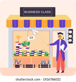 Business class, female teacher communicates with students, discuss tasks for business seminar. Conference meeting near booth pavilion with stacks of books. remotely study, reading literature concept