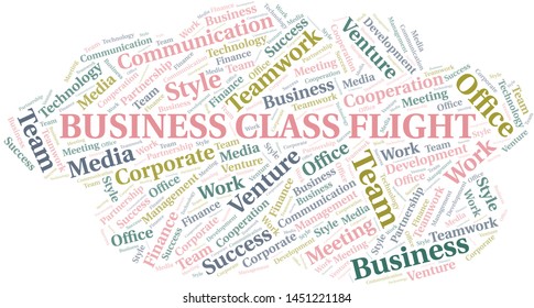 Business Class Flight word cloud. Collage made with text only.