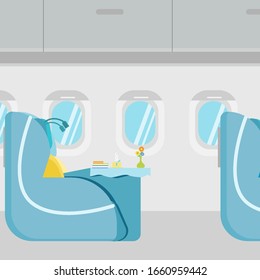 Business class lounge in an empty airplane. Vector illustration in flat design. Sitting places, luggage rack, illuminators, coffee, flower, books on table