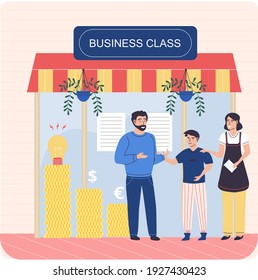 Business class, male consultant communicates with students, discuss tasks to business seminar. Conference meeting near booth pavilion with coins. Group of people study business development strategy