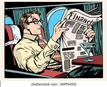 Business class plane businessman reading Newspapers and drinking a cocktail pop art retro style. Travel and business trips. Transport and aircraft. News and financial advice