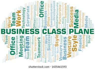 Business Class Plane word cloud. Collage made with text only.
