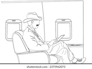 Business Class Seating on Private Jet - Cartoon Illustration of Airplane Interior, Joyful  Middle-Aged Male in Plane - One-Line Sketch Cartoon Portrait Illustration