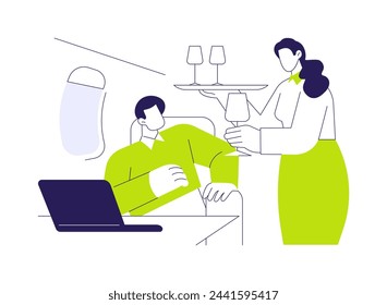 Business class service abstract concept vector illustration. Smiling stewardess offers food and drinks to the passenger, business class travel, luxury work trip abstract metaphor.