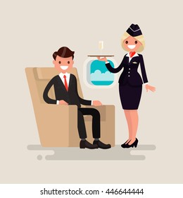 Business Class. The stewardess brings businessman the glass of champagne. Vector illustration of a flat design